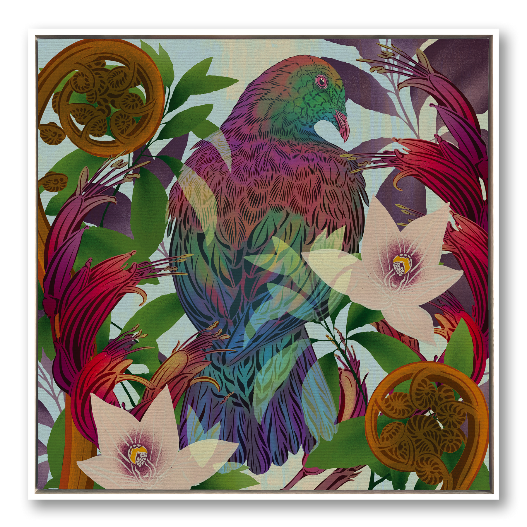 Perched Kererū & Harakeke Printed Canvas