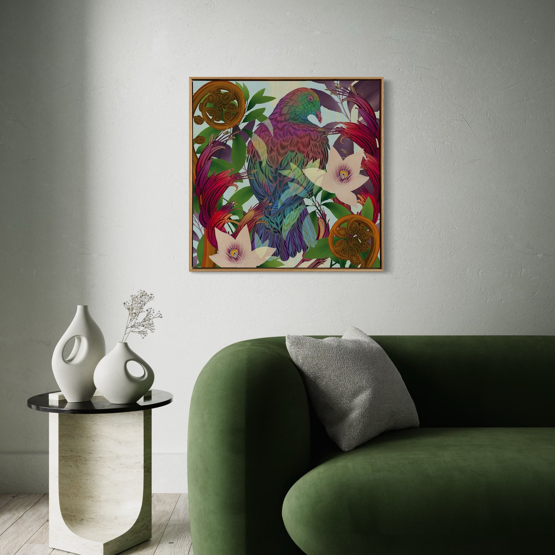 Perched Kererū & Harakeke Printed Canvas